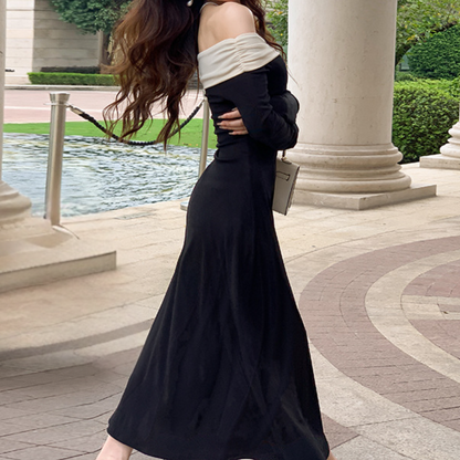 Women Maxi Dress - Off-Shoulder - Long Sleeves - Elegant Tailored Party Dress