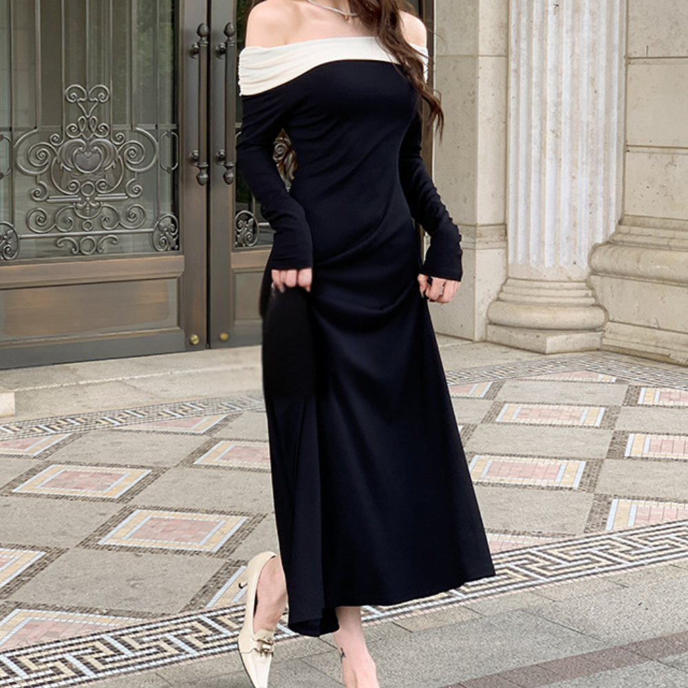 Women Maxi Dress - Off-Shoulder - Long Sleeves - Elegant Tailored Party Dress