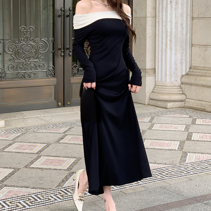 Women Maxi Dress - Off-Shoulder - Long Sleeves - Elegant Tailored Party Dress