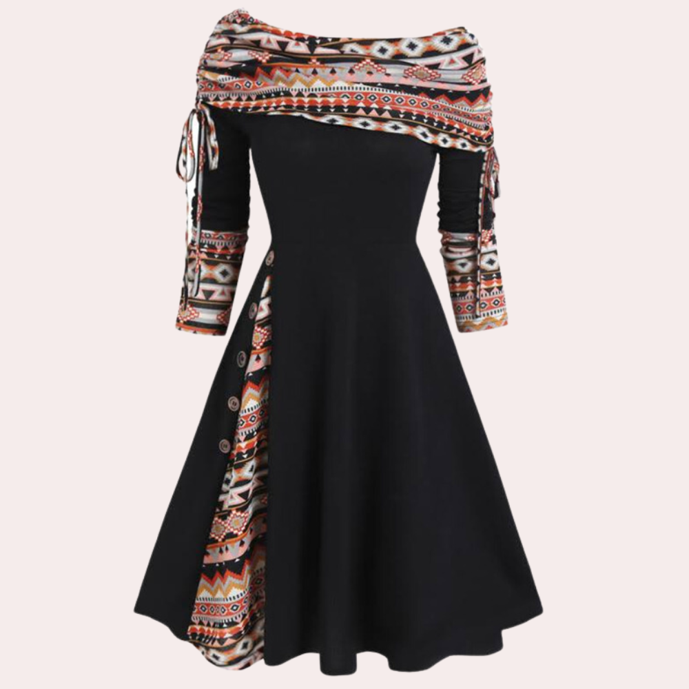 Women's Dress - A-line Fit - Off-Shoulder - Long Sleeves - Elegant Pattern Details