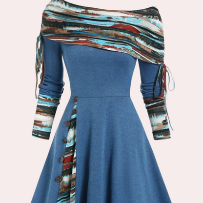 Women's Dress - A-line Fit - Off-Shoulder - Long Sleeves - Elegant Pattern Details