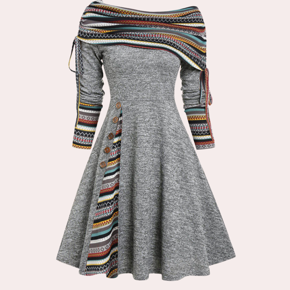 Women's Dress - A-line Fit - Off-Shoulder - Long Sleeves - Elegant Pattern Details