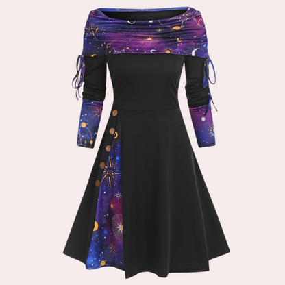 Women's Dress - A-line Fit - Off-Shoulder - Long Sleeves - Elegant Pattern Details
