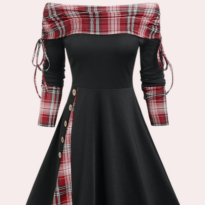 Women's Dress - A-line Fit - Off-Shoulder - Long Sleeves - Elegant Pattern Details