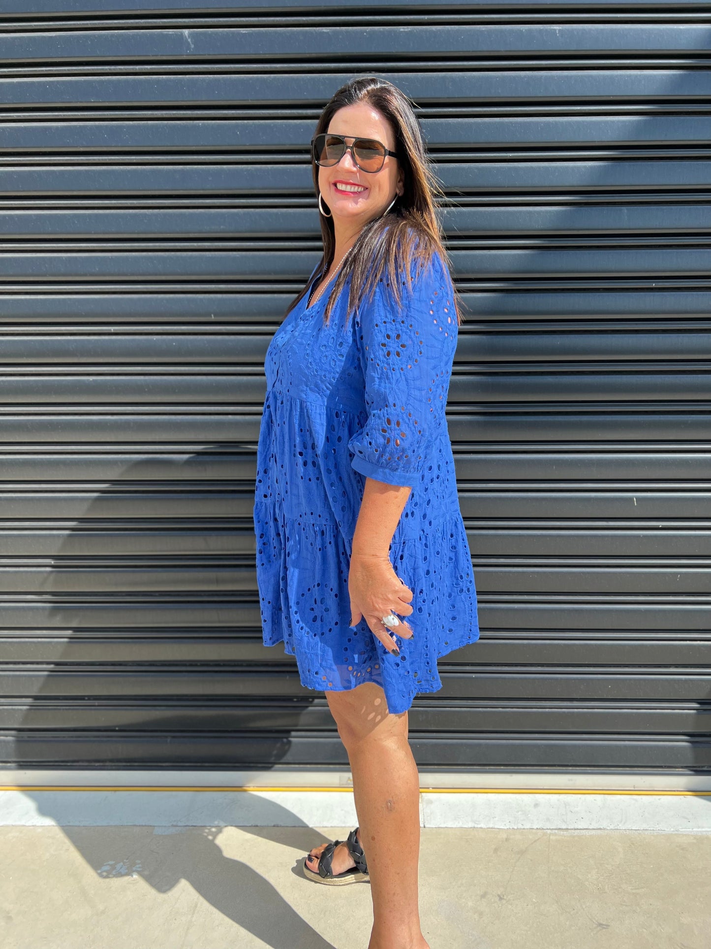 Women's Dress - A-line Loose Fit - 3/4 Sleeves - Button Closure & Broderie Anglaise