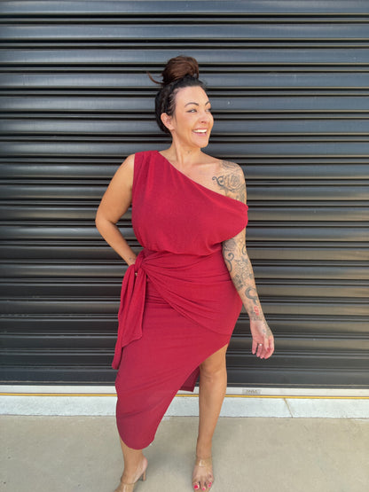 Women Dress - Asymmetric One-Shoulder - Slim Fit - Midi Length with Slit