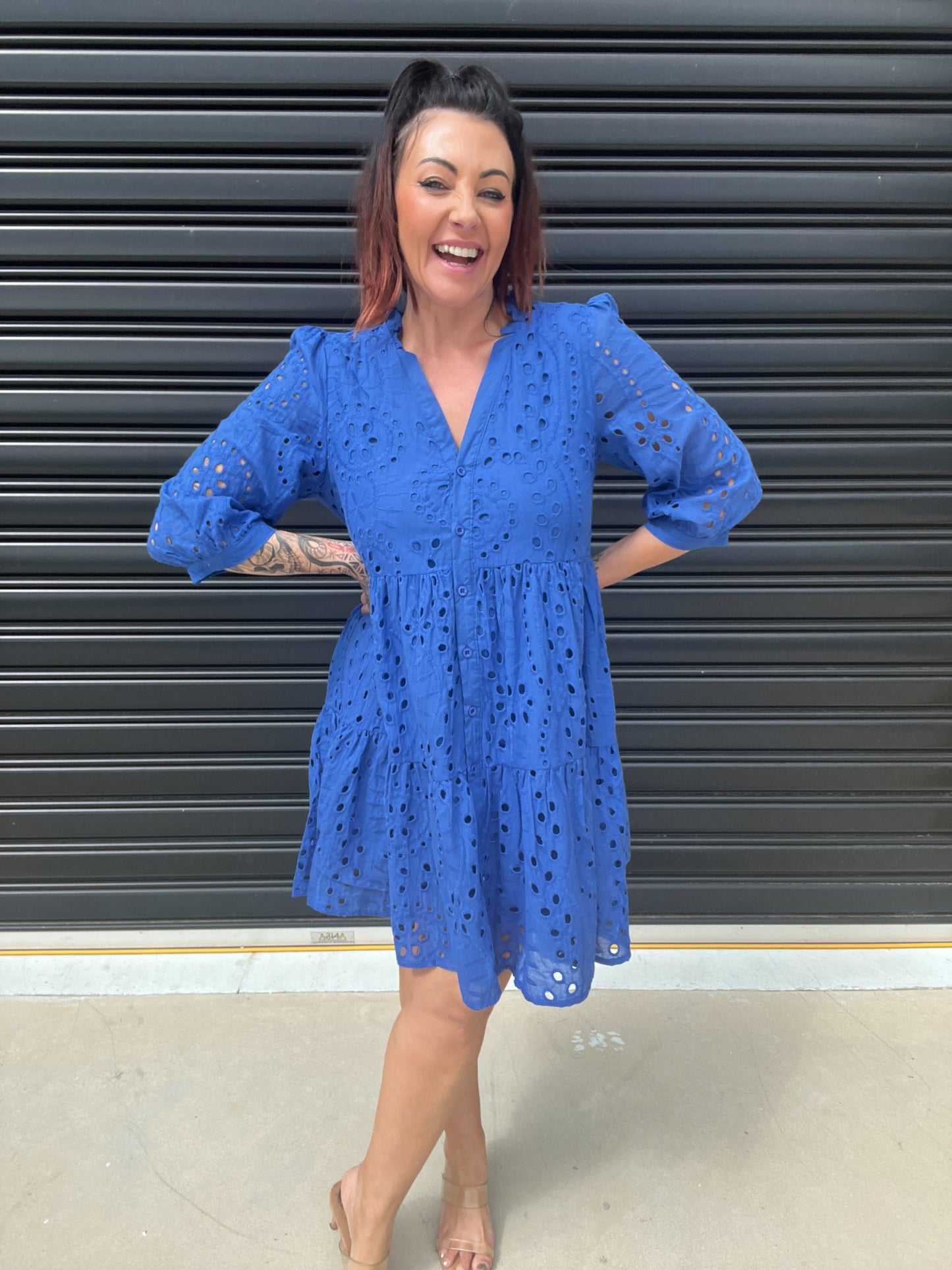 Women's Dress - A-line Loose Fit - 3/4 Sleeves - Button Closure & Broderie Anglaise