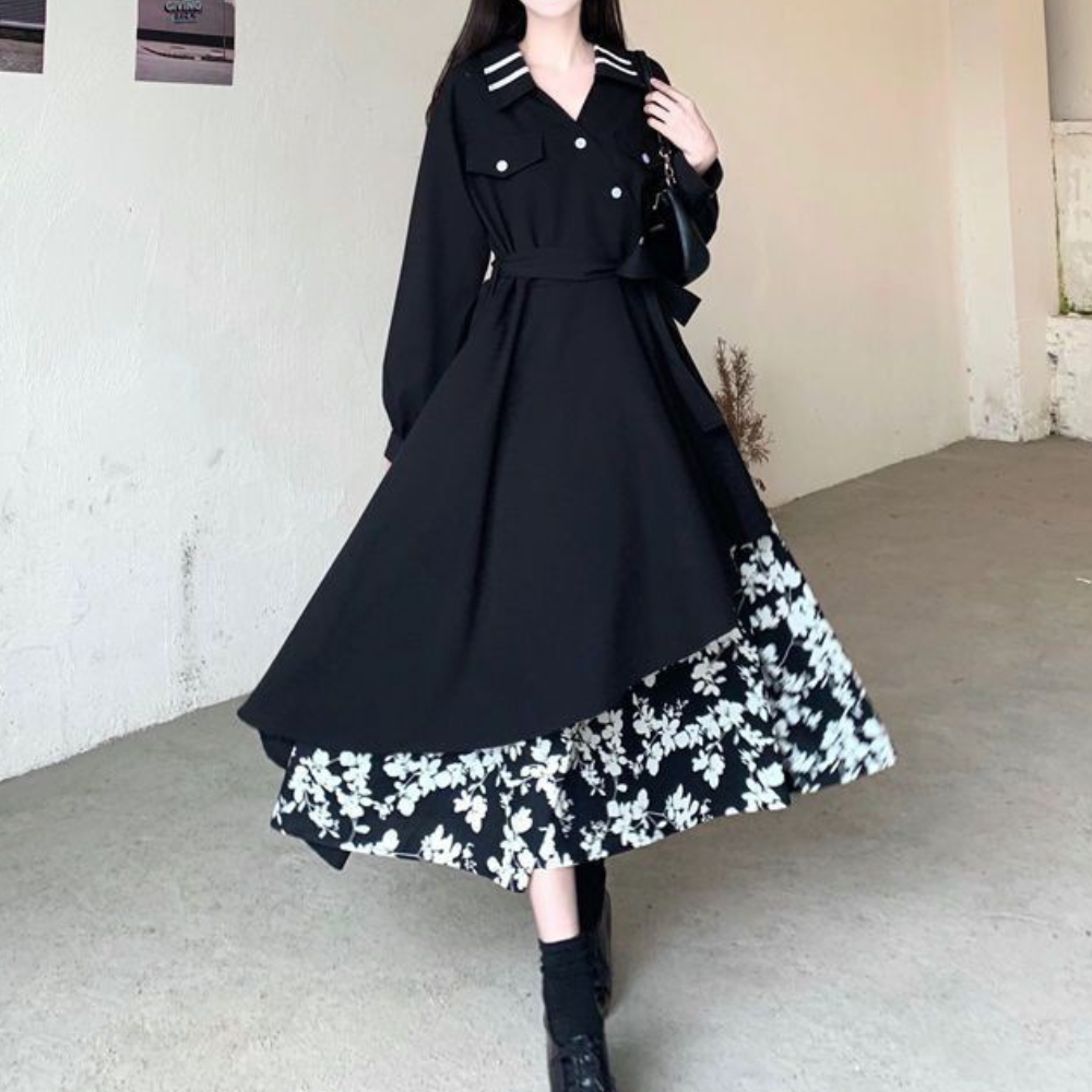 Women's Dress - Long-Sleeved with Double Button - Asymmetric Cut - Floral Details