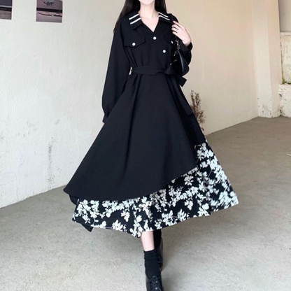 Women's Dress - Long-Sleeved with Double Button - Asymmetric Cut - Floral Details