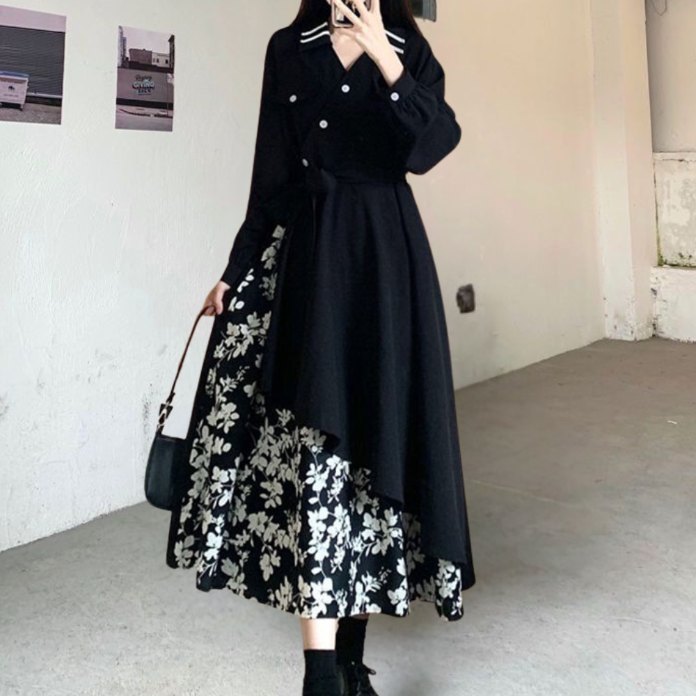 Women's Dress - Long-Sleeved with Double Button - Asymmetric Cut - Floral Details