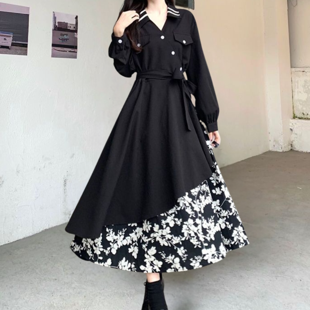 Women's Dress - Long-Sleeved with Double Button - Asymmetric Cut - Floral Details