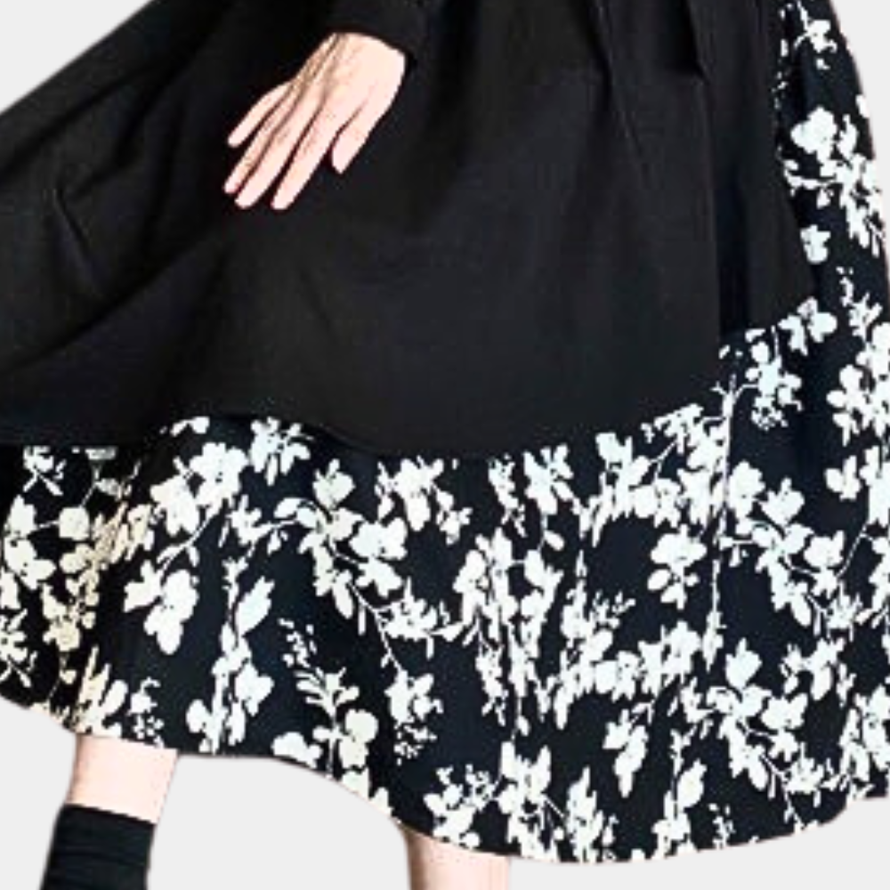 Women's Dress - Long-Sleeved with Double Button - Asymmetric Cut - Floral Details