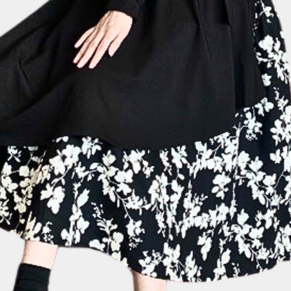 Women's Dress - Long-Sleeved with Double Button - Asymmetric Cut - Floral Details