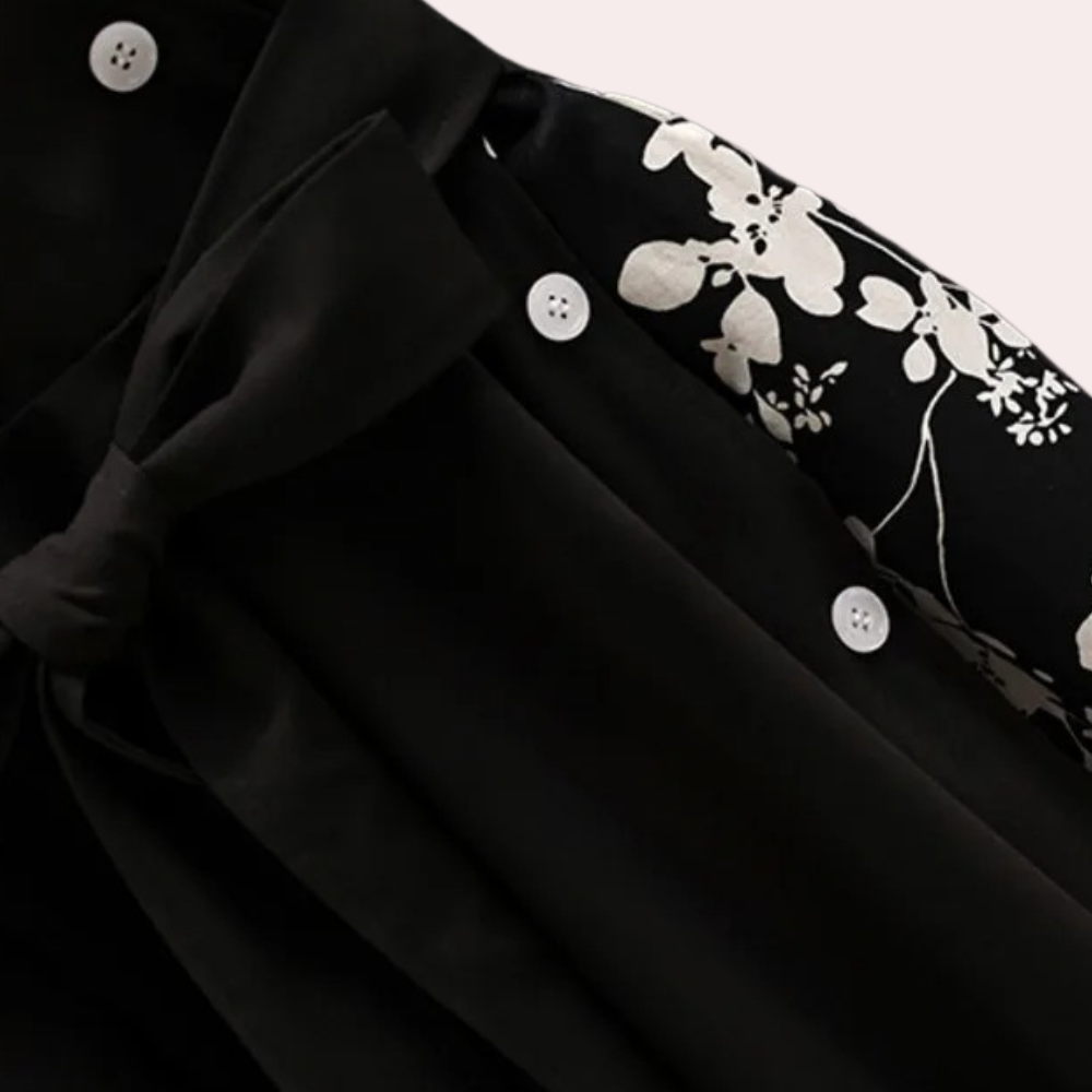 Women's Dress - Long-Sleeved with Double Button - Asymmetric Cut - Floral Details