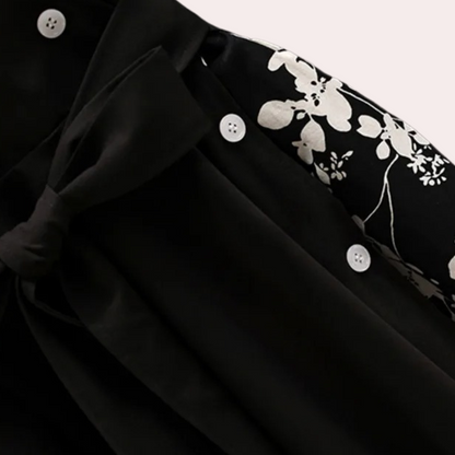 Women's Dress - Long-Sleeved with Double Button - Asymmetric Cut - Floral Details