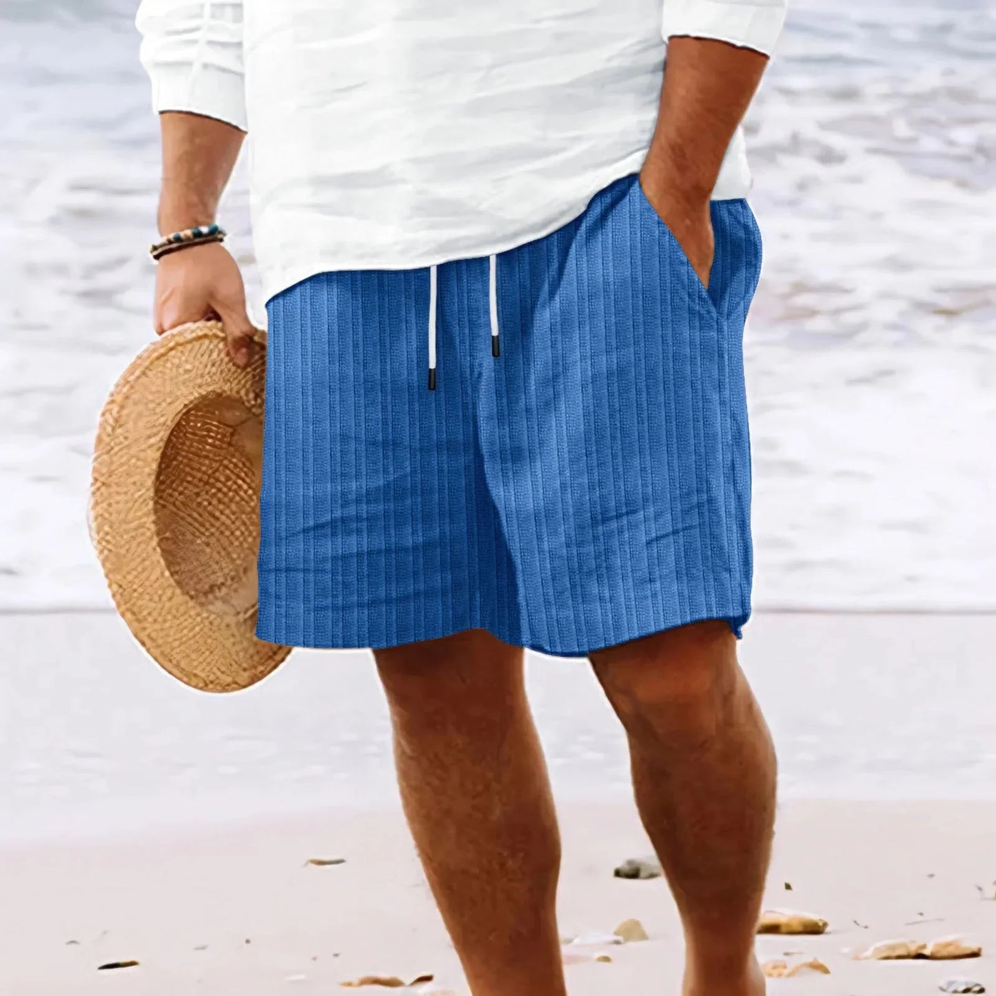 Men's Shorts - Knee-Length - Lightweight Cotton/Linen - Elastic Waist with Drawstring - Side Pockets