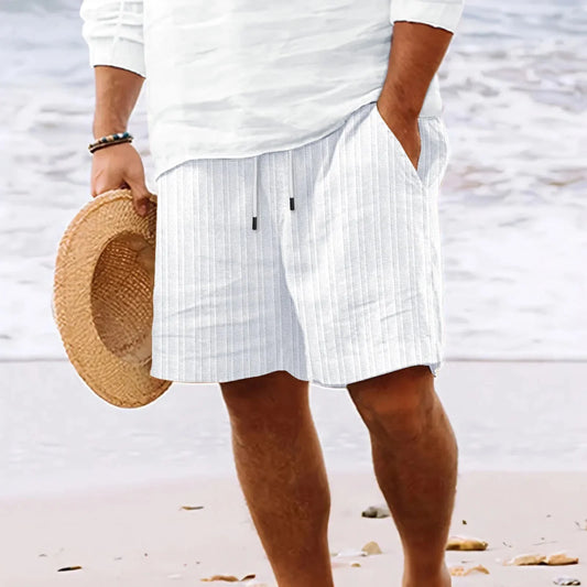 Men's Shorts - Knee-Length - Lightweight Cotton/Linen - Elastic Waist with Drawstring - Side Pockets