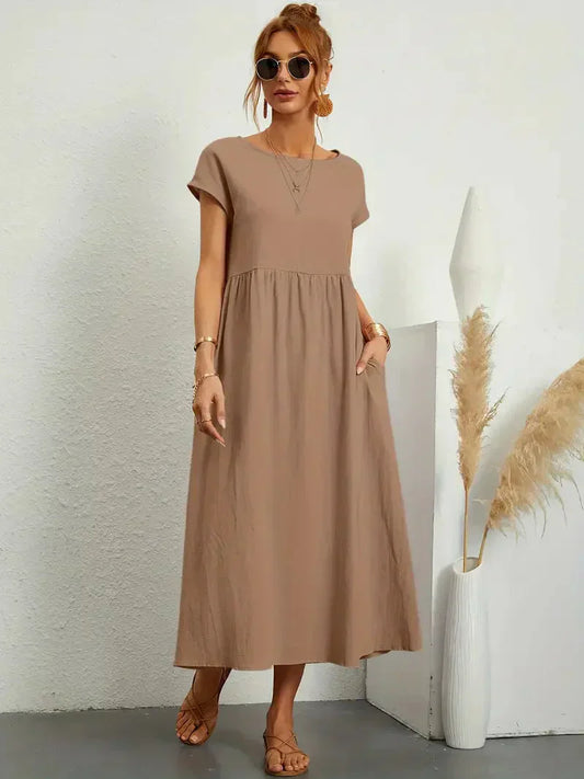 Dress for Women – Relaxed Fit – Breathable Blend – Ruched Waist – Maxi Length