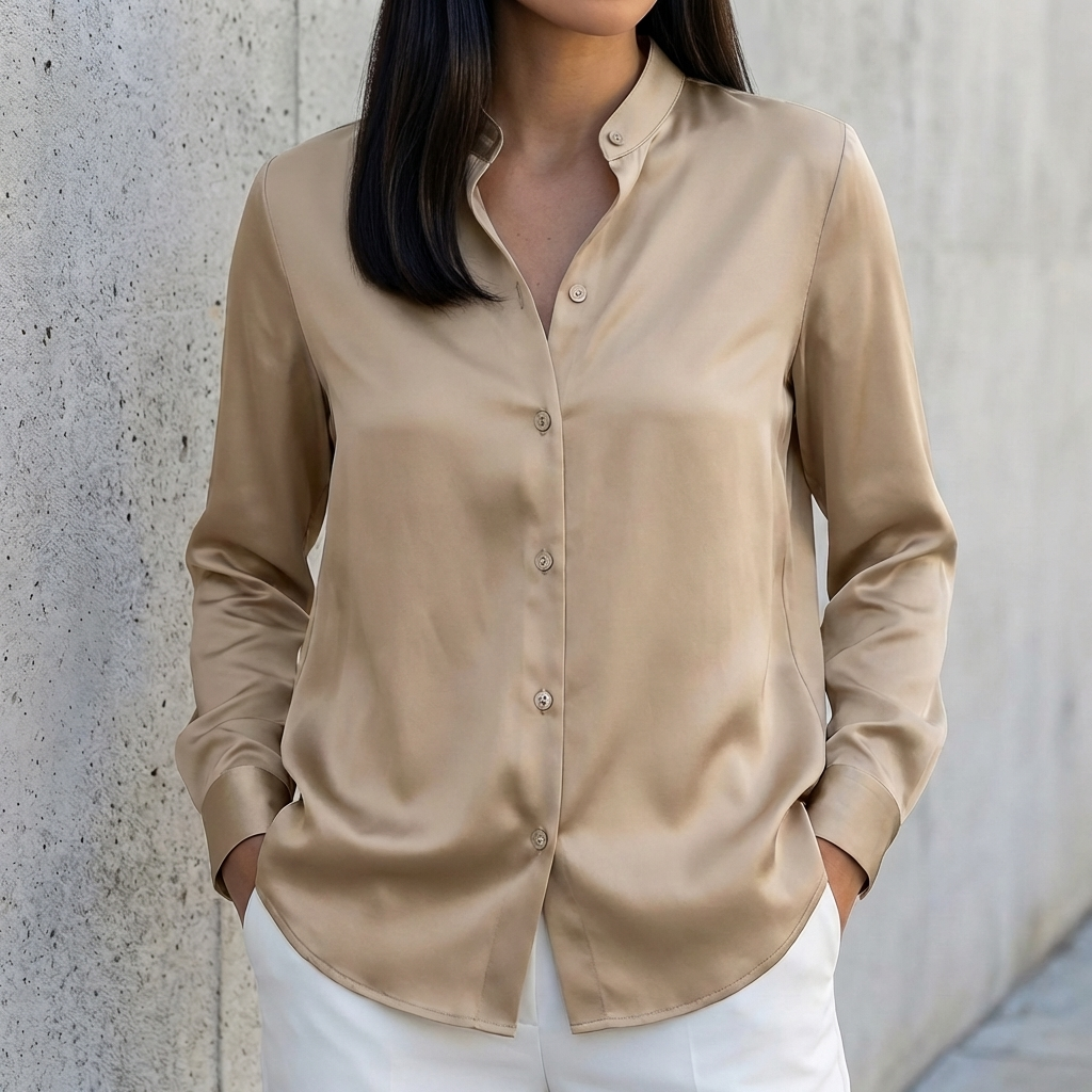 Tailored Relaxed Fit Band Collar Button-Up Shirt for Women – Timeless & Versatile