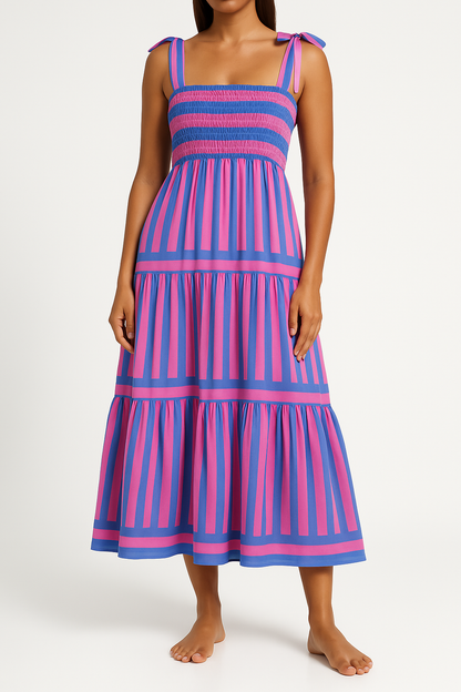 Women’s Long Dress – Shirred Bodice – Tiered Skirt – Adjustable Straps – Striped Pattern