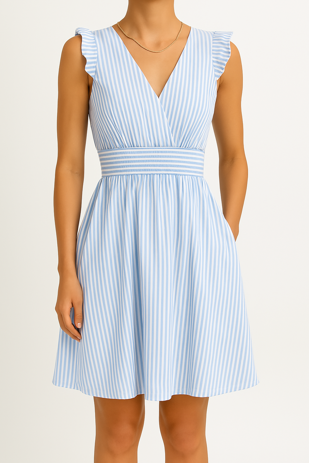 Women's Midi Dress – A-line – V-neck – Striped – Light and Breathable – Flutter Sleeves