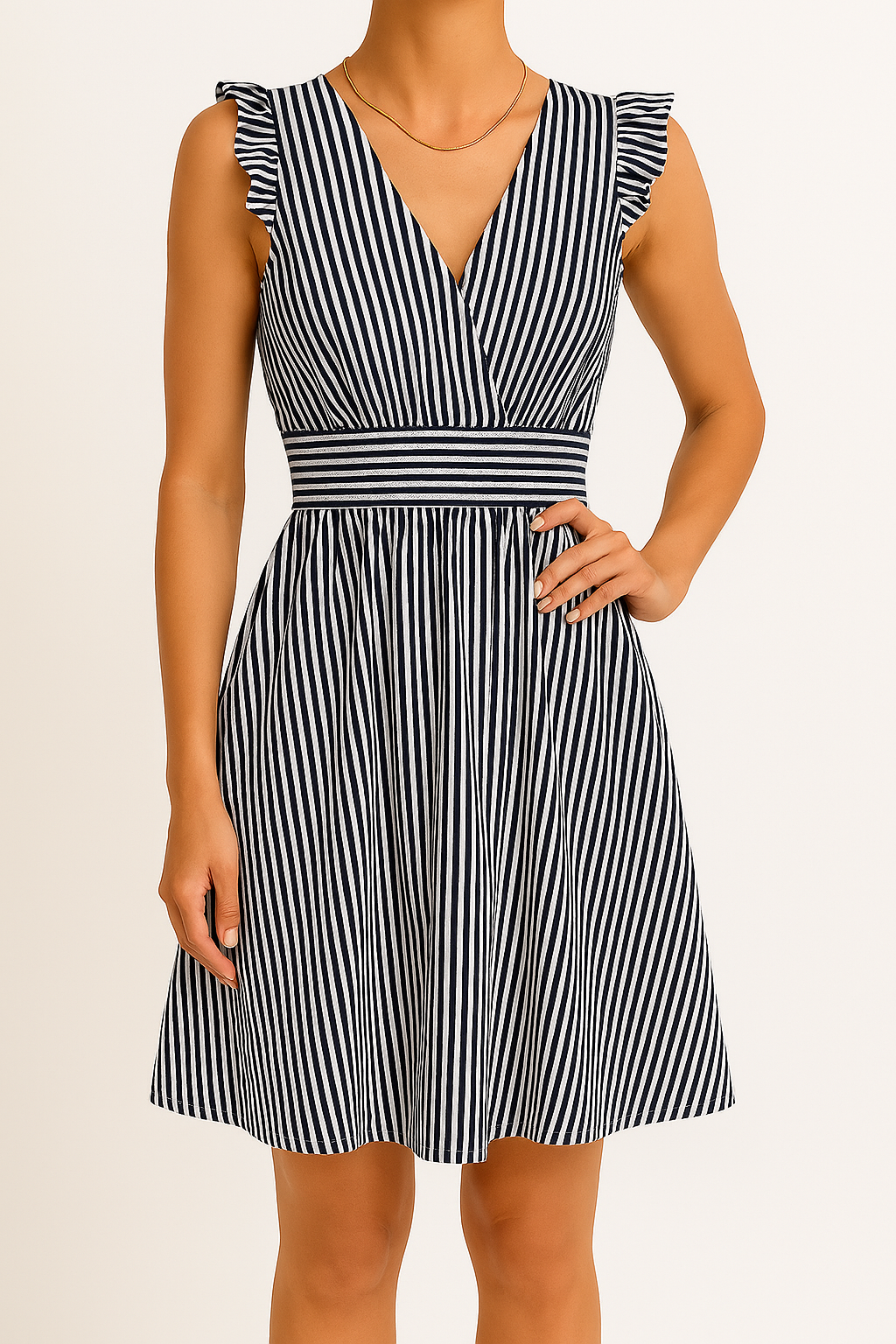 Women's Midi Dress – A-line – V-neck – Striped – Light and Breathable – Flutter Sleeves
