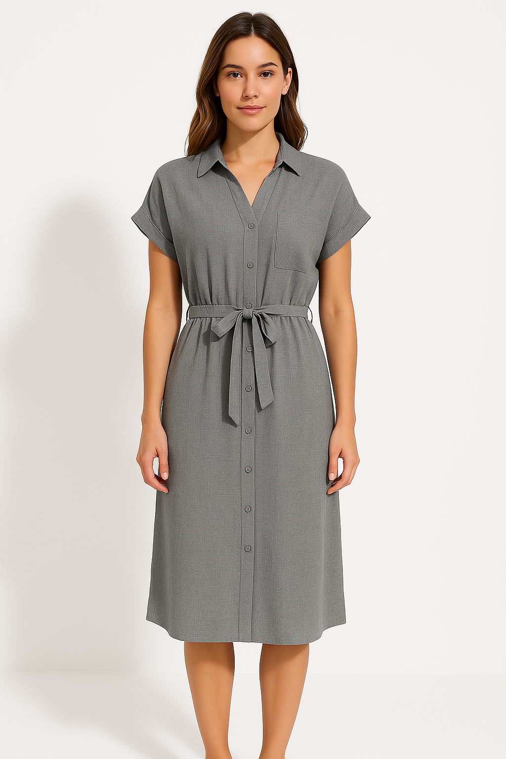 Women's Shirt Dress – Lightweight Cotton Blend – Tie Belt – Midi – Short Sleeves – Relaxed Fit