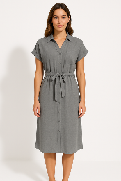 Women's Shirt Dress – Lightweight Cotton Blend – Tie Belt – Midi – Short Sleeves – Relaxed Fit