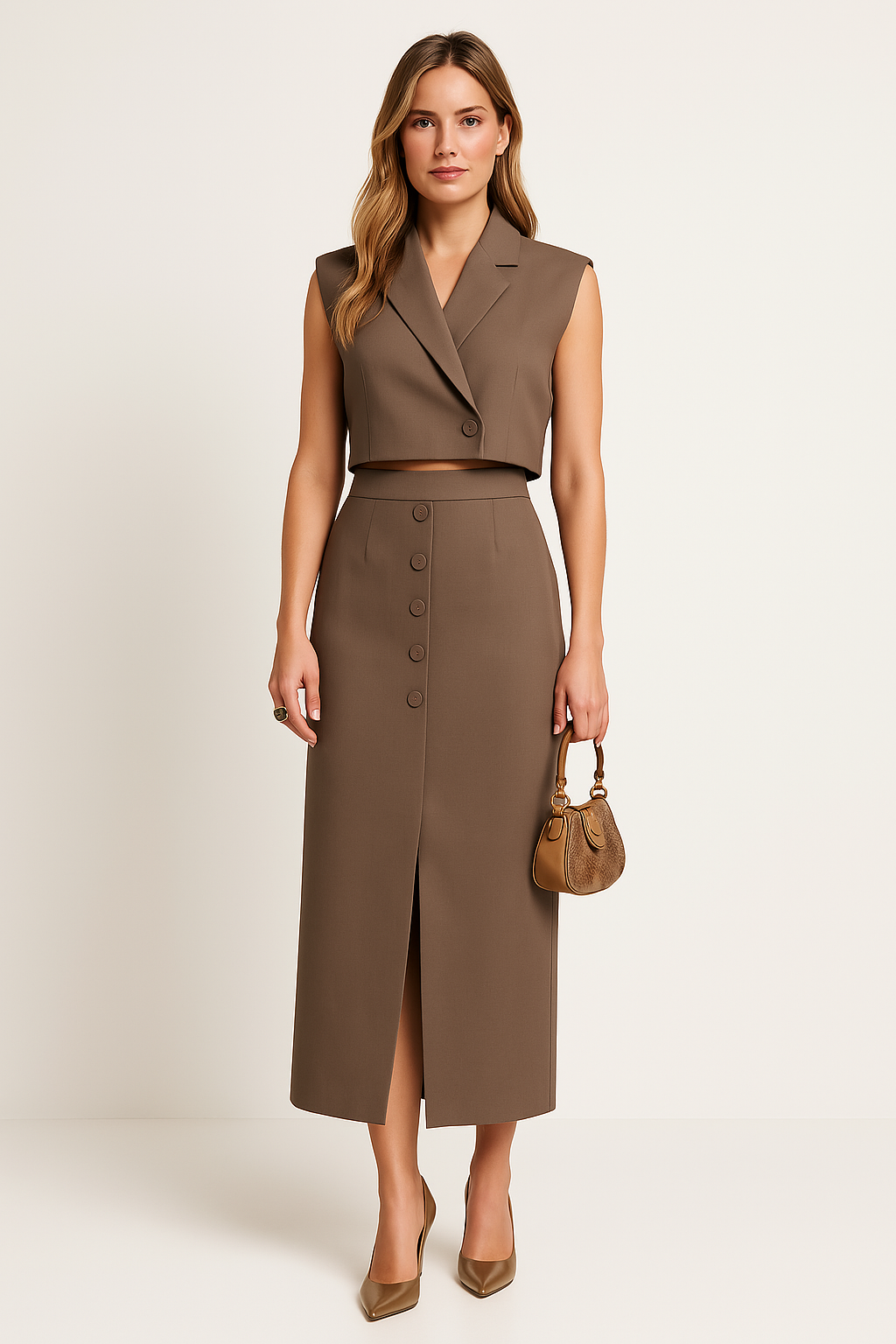 Women's Set – Tailored Fit – Sleeveless Crop Top with Lapels – Slit Midi Skirt