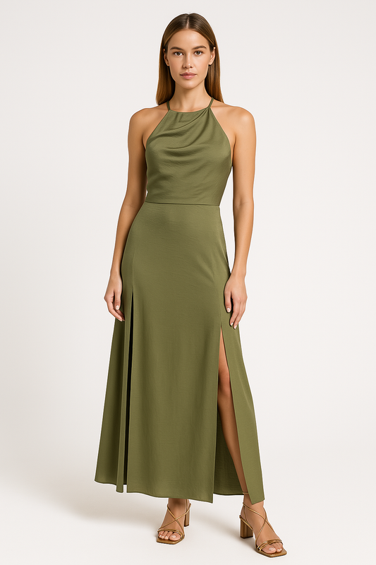 Dress for Women – Maxi Length – Slim Fit – Halterneck – Open Back – Side Slit