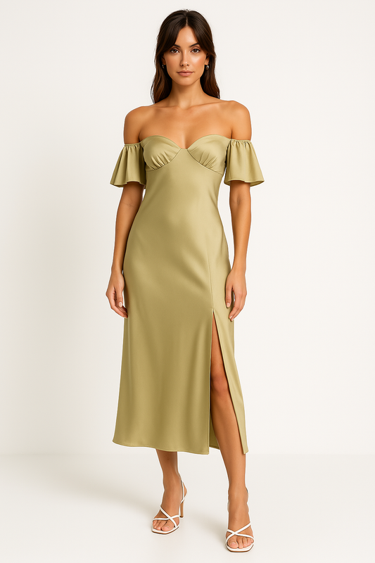 Dress for Women – Midi Length – Slim Fit – Satin Look – Off-Shoulder – V-Back – Slit