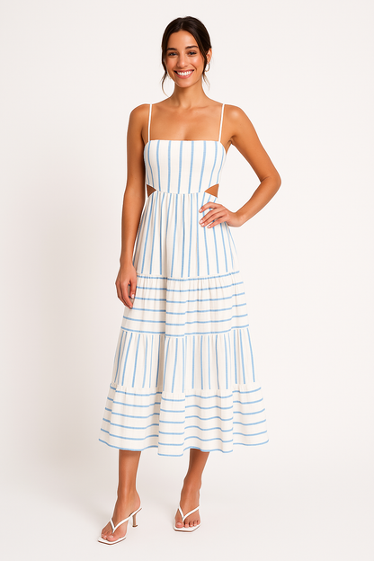 Women's Long Dress – A-Line Fit – Spaghetti Straps – Cut-Out Waist – Layered Skirt