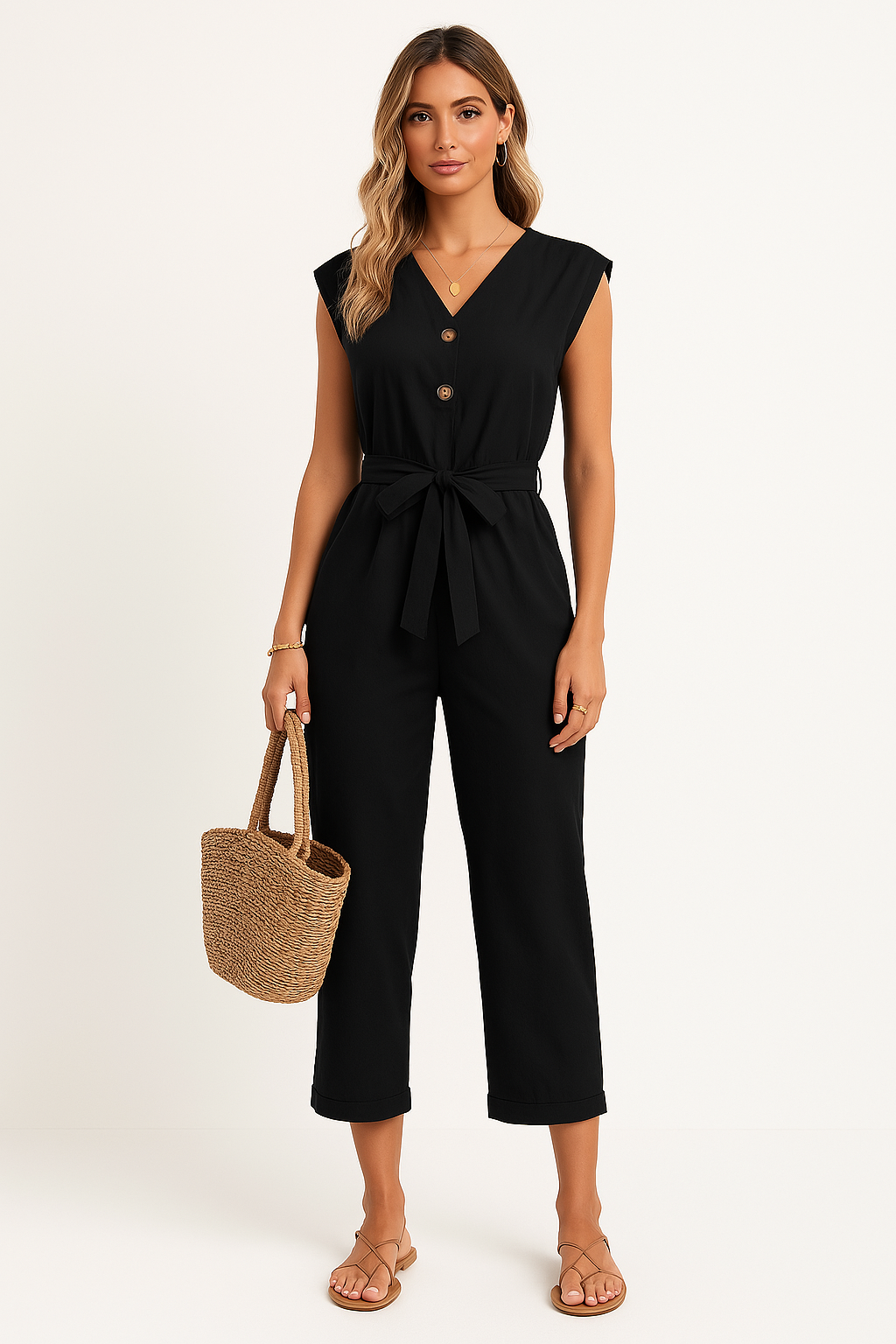 Women's Jumpsuit – Sleeveless – V-neck – Loose Fit – Tie Belt – Button Closure – Ankle Length