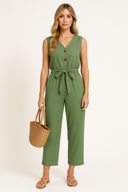 Women's Jumpsuit – Sleeveless – V-neck – Loose Fit – Tie Belt – Button Closure – Ankle Length