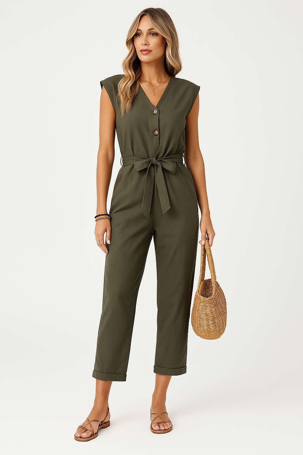 Women's Jumpsuit – Sleeveless – V-neck – Loose Fit – Tie Belt – Button Closure – Ankle Length