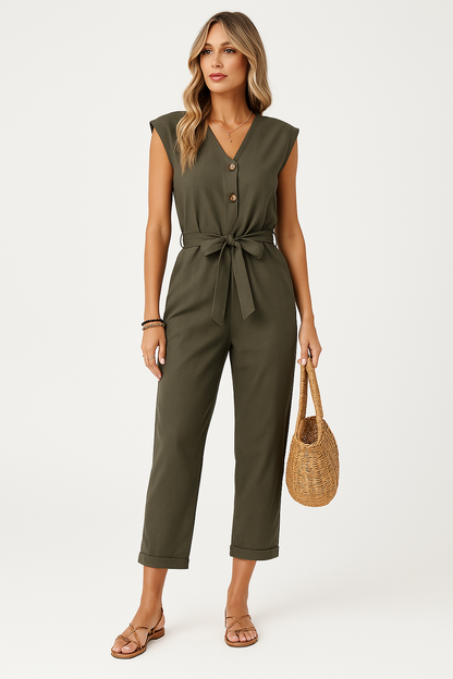 Women's Jumpsuit – Sleeveless – V-neck – Loose Fit – Tie Belt – Button Closure – Ankle Length