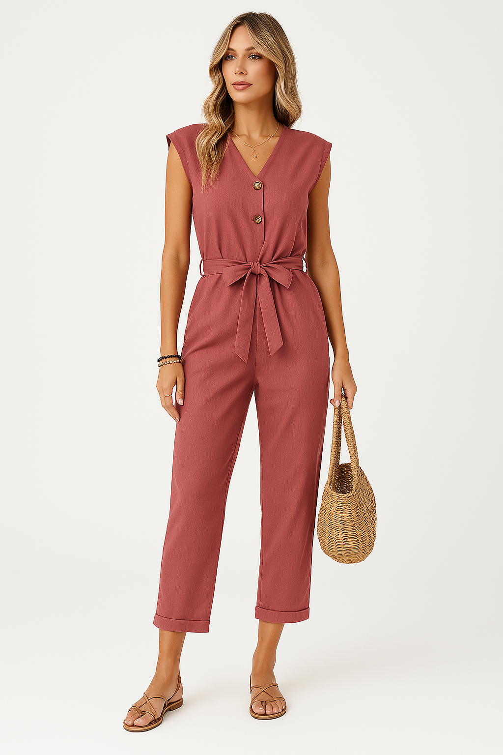 Women's Jumpsuit – Sleeveless – V-neck – Loose Fit – Tie Belt – Button Closure – Ankle Length