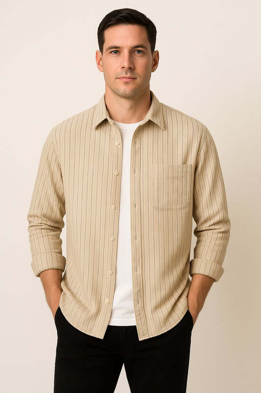 Men's Shirt with Long Sleeves – Relaxed Fit – Striped Cotton – Button Closure