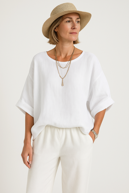 Women's Blouse – Oversized Fit – Cotton Linen – Round Neck – Elbow-Length Sleeves