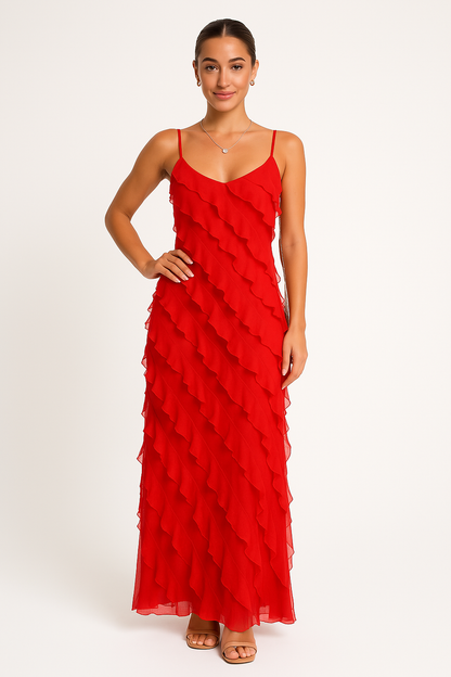 Women's Maxi Dress – Slim Fit – Spaghetti Straps – Ruffle Details – Light and Airy