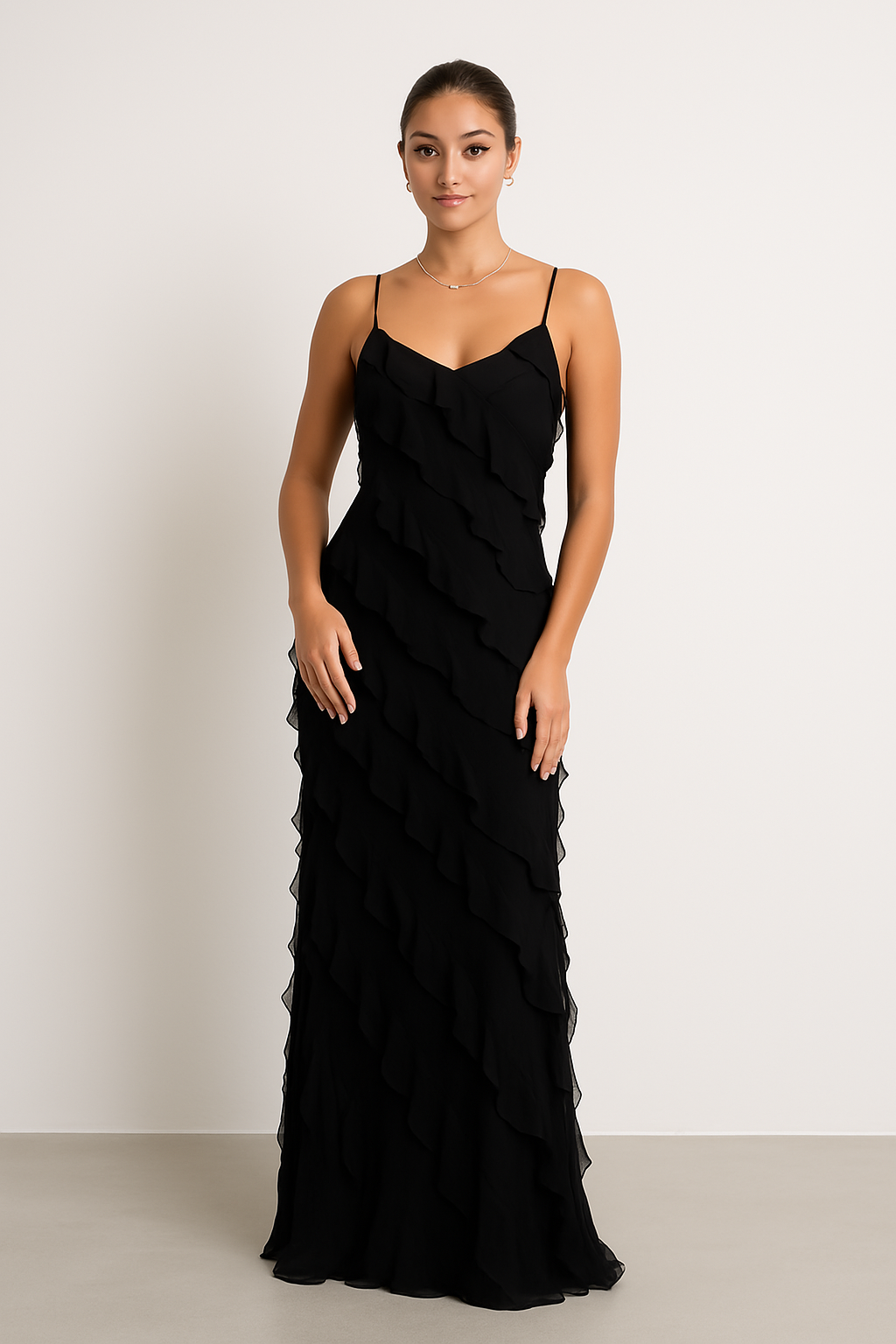 Women's Maxi Dress – Slim Fit – Spaghetti Straps – Ruffle Details – Light and Airy