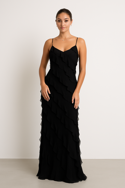 Women's Maxi Dress – Slim Fit – Spaghetti Straps – Ruffle Details – Light and Airy