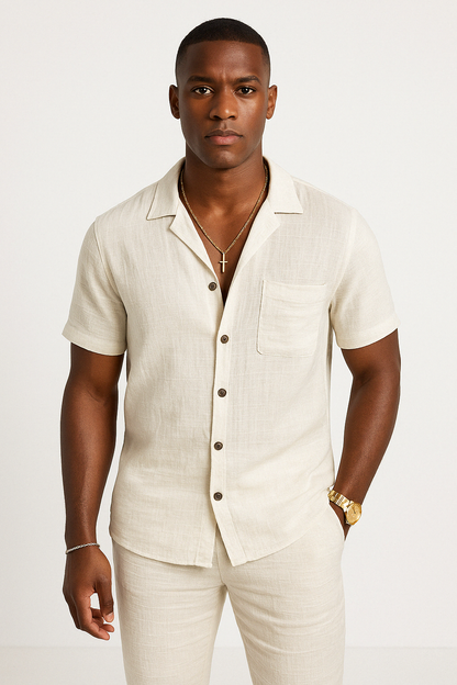 Men's Shirt with Buttons – Cotton Linen Blend – Relaxed Fit – Short Sleeves