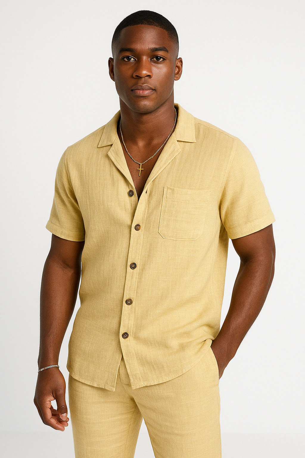 Men's Shirt with Buttons – Cotton Linen Blend – Relaxed Fit – Short Sleeves