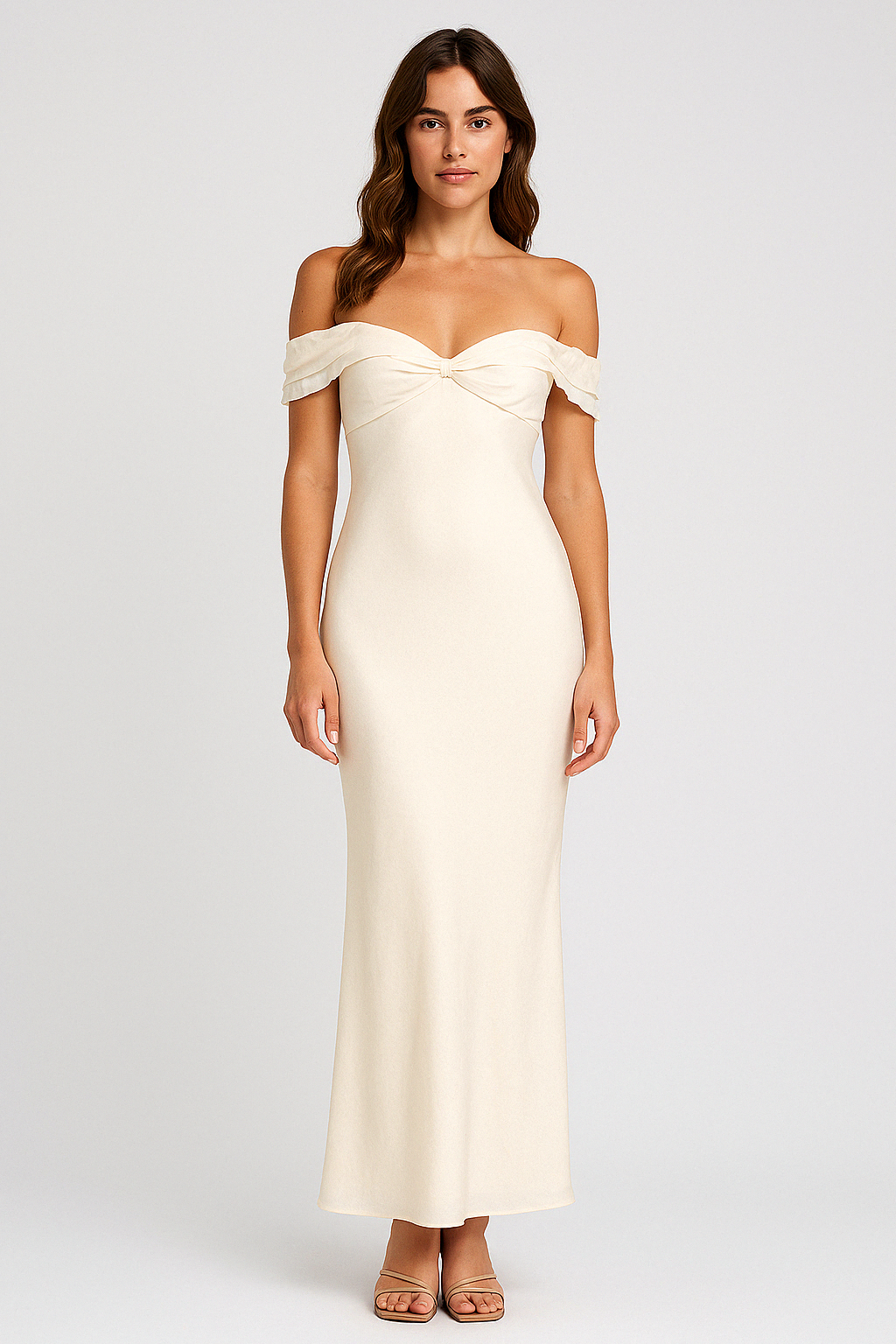 Women's Maxi Dress – Fitted Fit – Satin – Off-Shoulder with Ruffle Collar