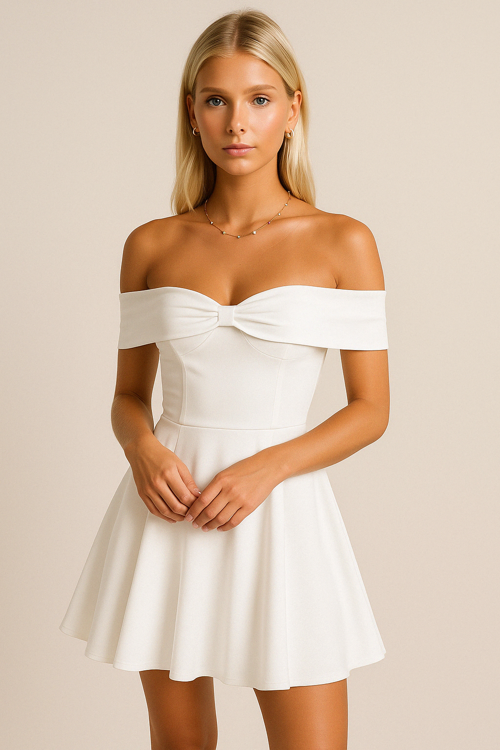 Women's Dress – Off Shoulder Mini – A-line Cut – Light and Breathable Material – Bow Detail