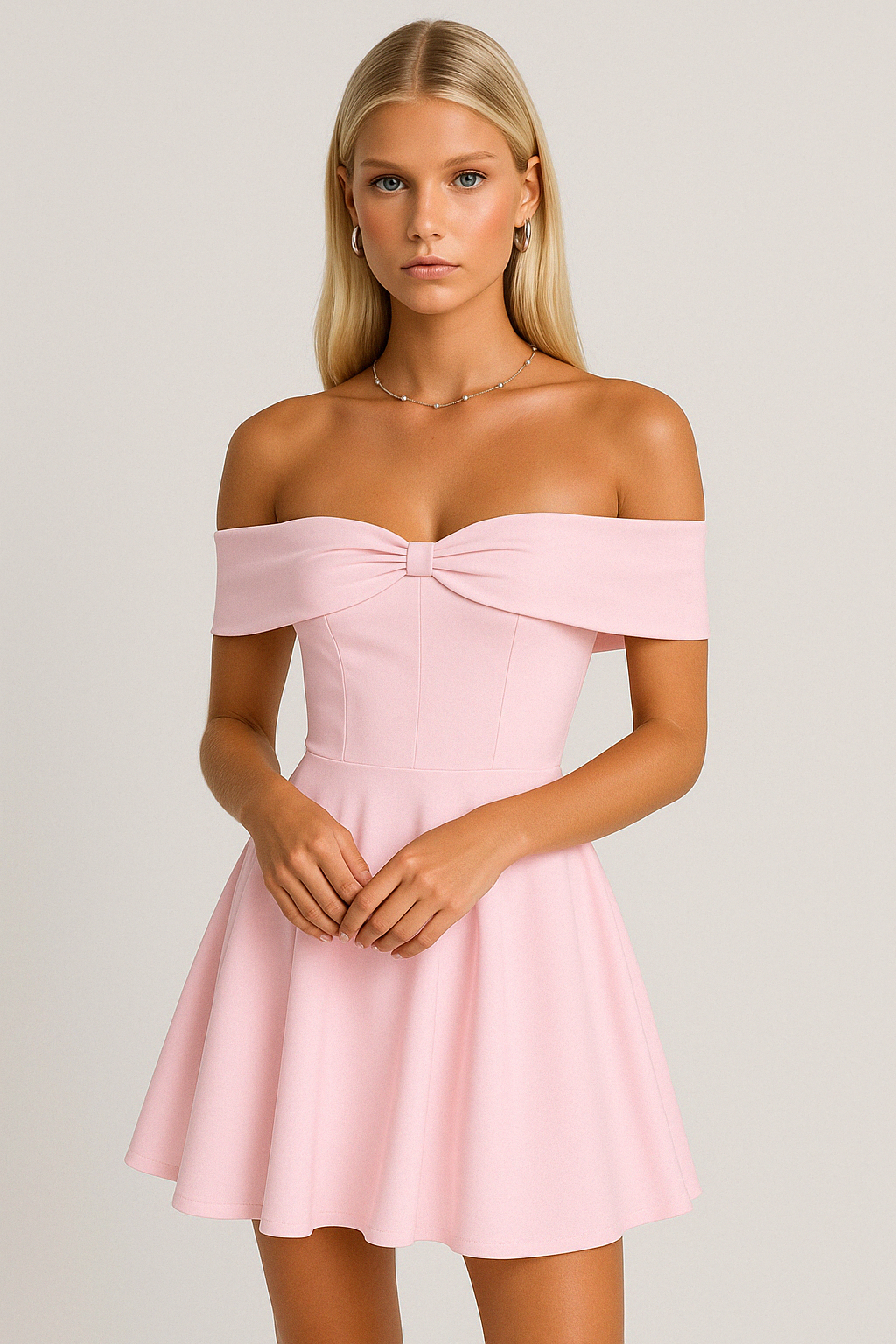 Women's Dress – Off Shoulder Mini – A-line Cut – Light and Breathable Material – Bow Detail