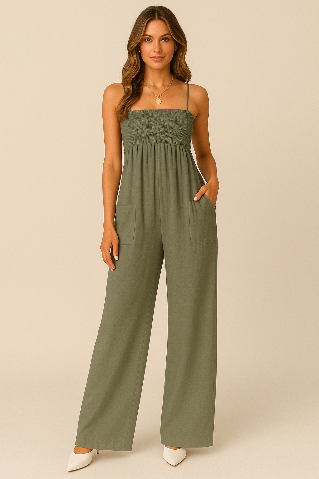 Women's Jumpsuit – Relaxed Fit – Ruched Bodice – Spaghetti Straps – Wide Legs