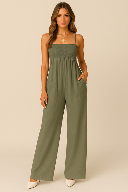 Women's Jumpsuit – Relaxed Fit – Ruched Bodice – Spaghetti Straps – Wide Legs