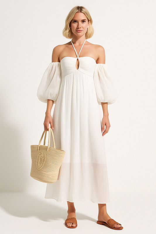 Women's Maxi Dress – Off Shoulder – Puff Sleeves – Front Cut – Flowy Fit